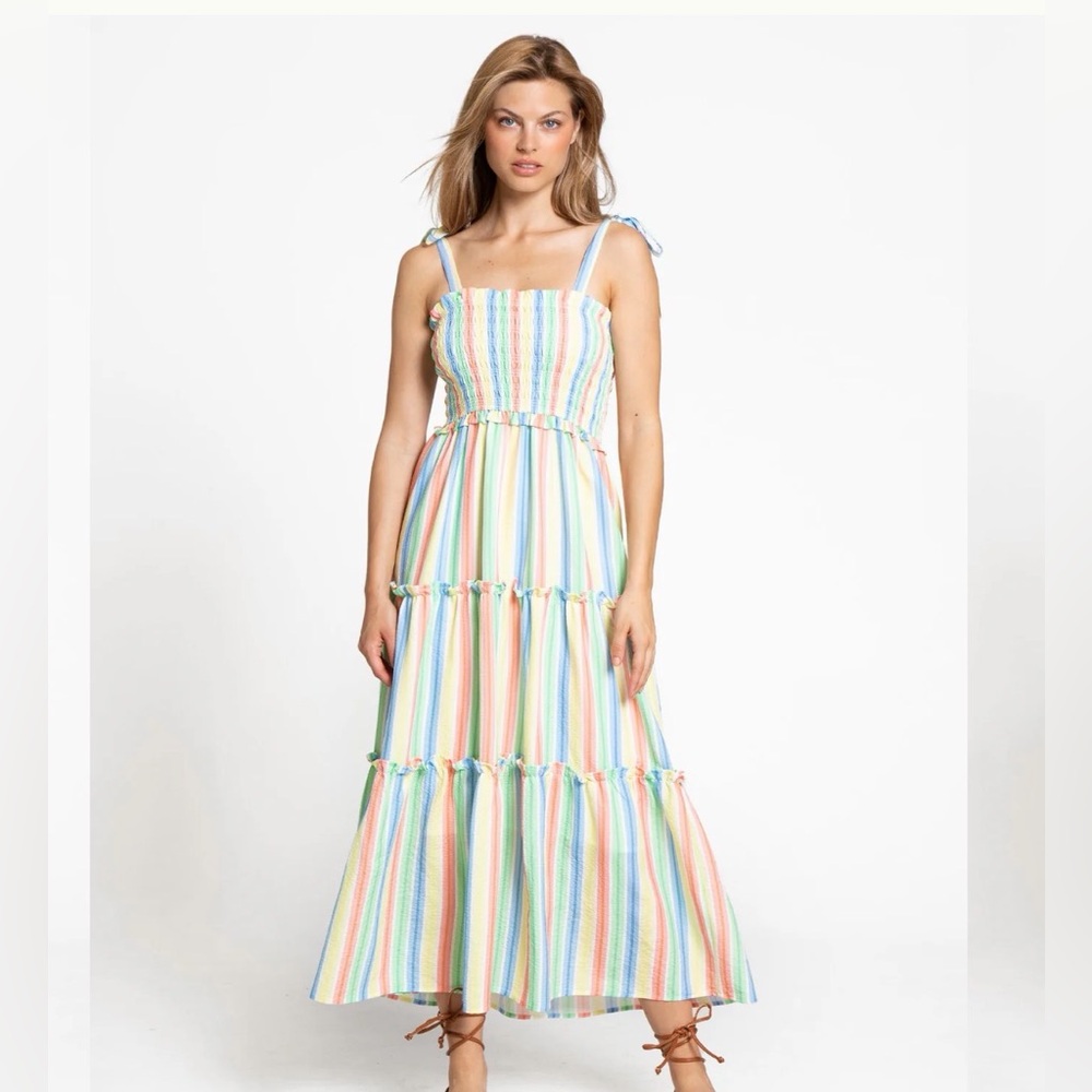 Aaron & Amber Colorful Striped Maxi Dress Smocked Tiered Summer Resort Size M